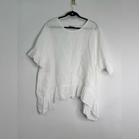 Women’s Angela Mara Oversized Made In Italy Ruffled Hem & Sleeve 100% Linen Top - Picture 1 of 5
